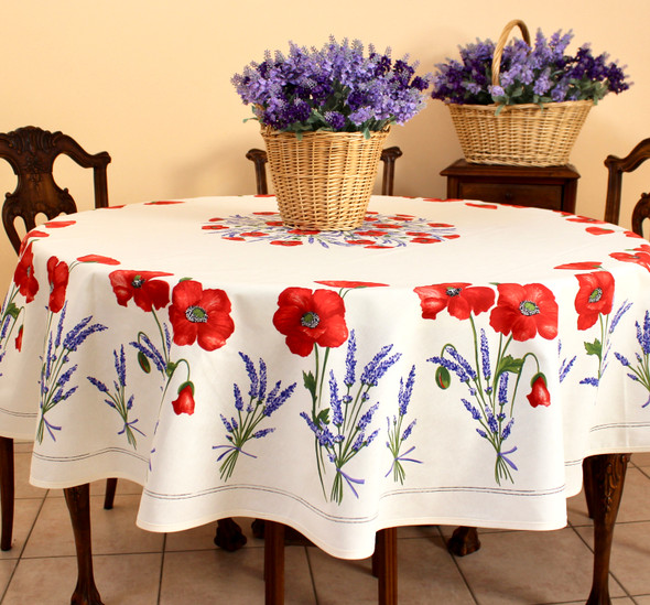180 cm Round French Tablecloth – Stain-Resistant Coated – Poppy Ecru – Made in France 180 cm Round French Tablecloth – Stain-Resistant Coated – Poppy Ecru – Made in France