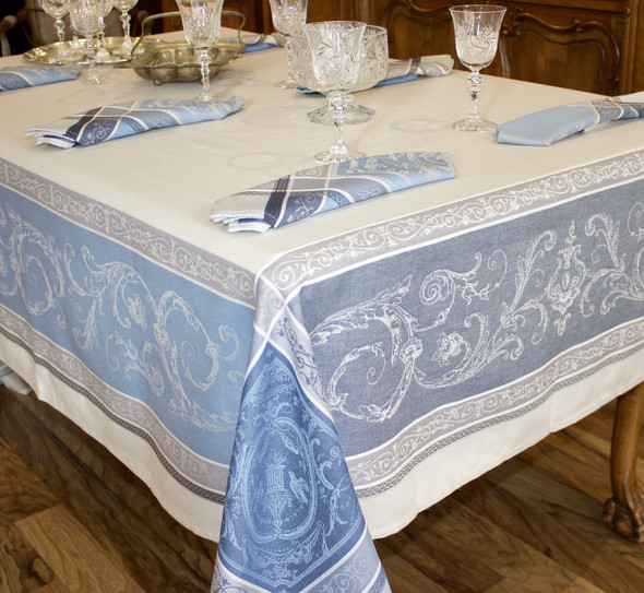 Versailles Blue Jacquard French Tablecloth 160x300cm 10seats Made in France