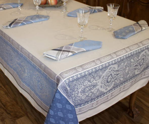 Vaucluse Blue Jacquard French Tablecloth 160x300cm 10seats Made in France