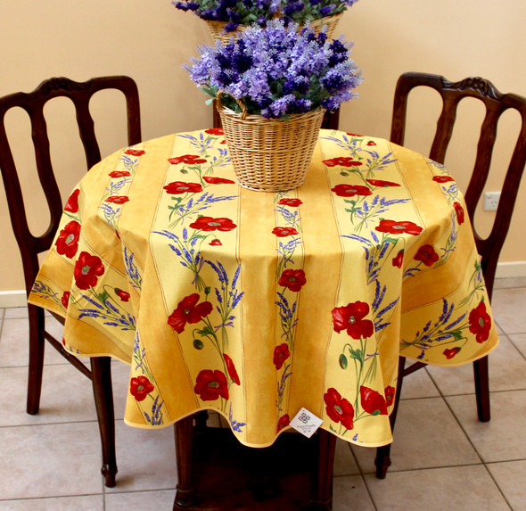 150cm Round French Tablecloth COATED stain free yellow poppies
