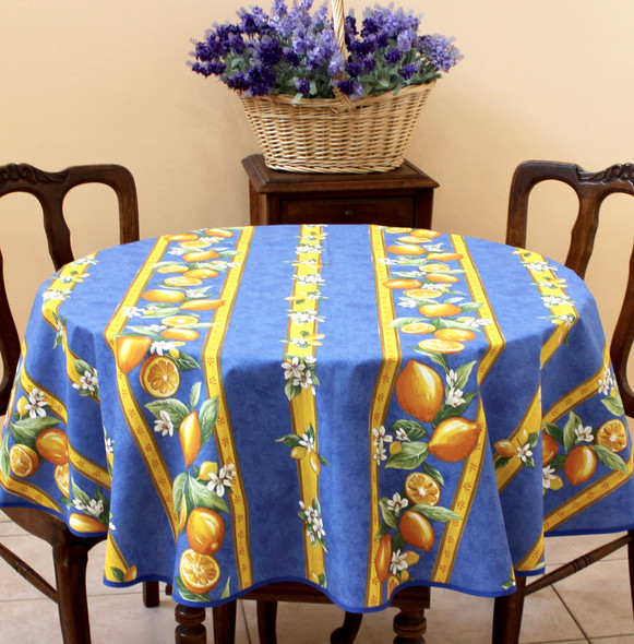 150cm Round French Tablecloth Cotton Blue with citron