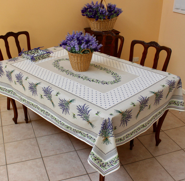 Lauris Ecru French Tablecloth 155x300cm 10Seats COATED Made in France
