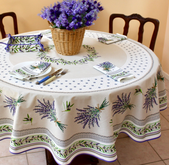 Lauris Ecru French Tablecloth Round 180cm COATED Made in France Lauris Ecru French Tablecloth Round 180cm COATED Made in France