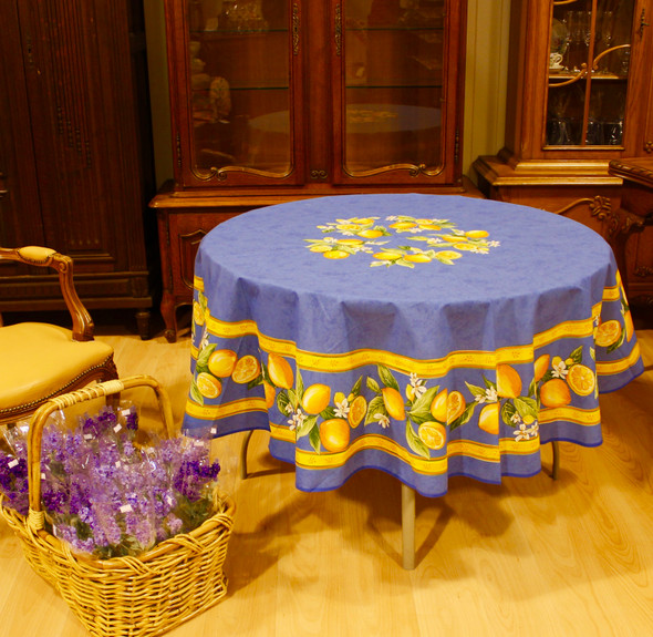 Lemon Blue XXL French Tablecloth Round 230cm COATED Made in France