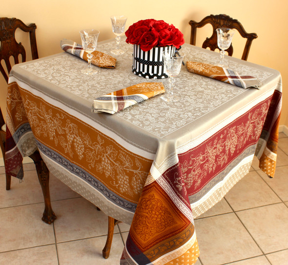 Coteau Cinnamon 160x160cm SquareJacquard French Tablecloth Made in France 