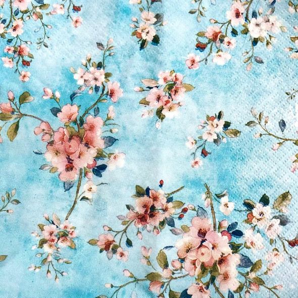 Peach Blossom paper napkins with soft floral design on blue background, romantic floral luncheon paper napkins 33x33cm