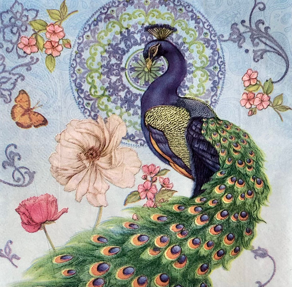 Royal Peacock paper napkins with ornate peacock and floral design, decorative luncheon paper napkins 33x33cm