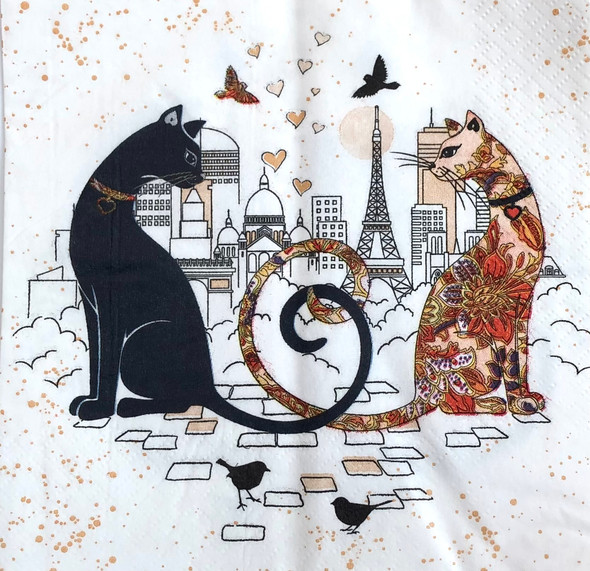 Paris Cats MIX paper napkins with illustrated cats and Paris skyline design, decorative luncheon paper napkins 33x33cm