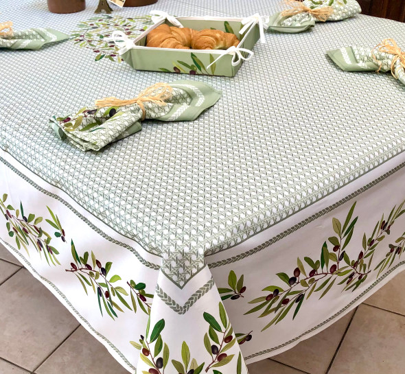 Nyons Green French Tablecloth 155x300cm 10Seats COATED Made in France
