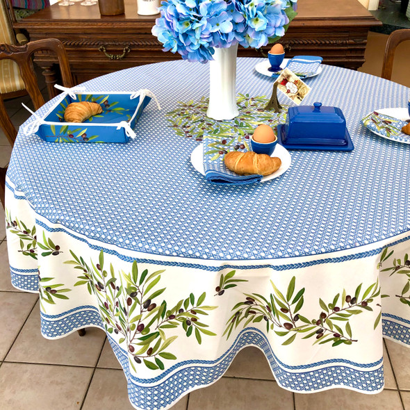 180cm Round French Tablecloth Cotton Olives Blue