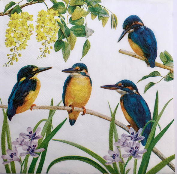 Kingfisher paper napkins with colourful bird illustration and foliage, 33x33cm luncheon napkins