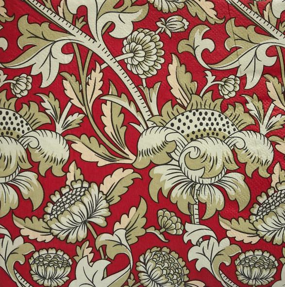 William Morris chrysanthemums paper napkins with red floral Arts and Crafts pattern, 33x33cm luncheon napkins