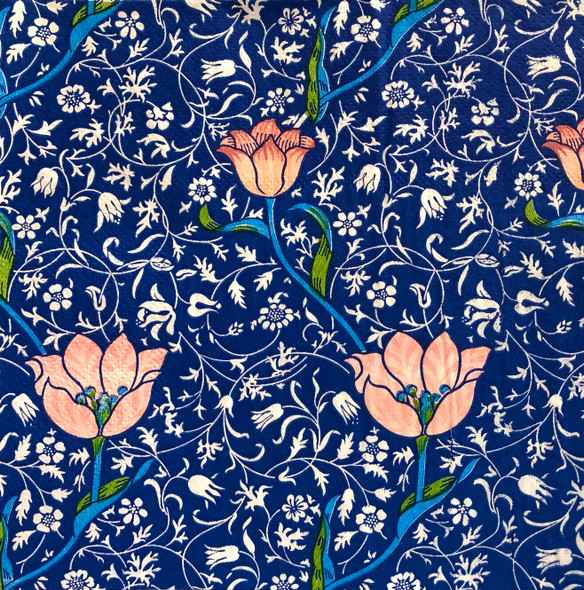 William Morris Garden Tulips paper napkins with blue background and floral Arts and Crafts pattern, 33x33cm luncheon napkins