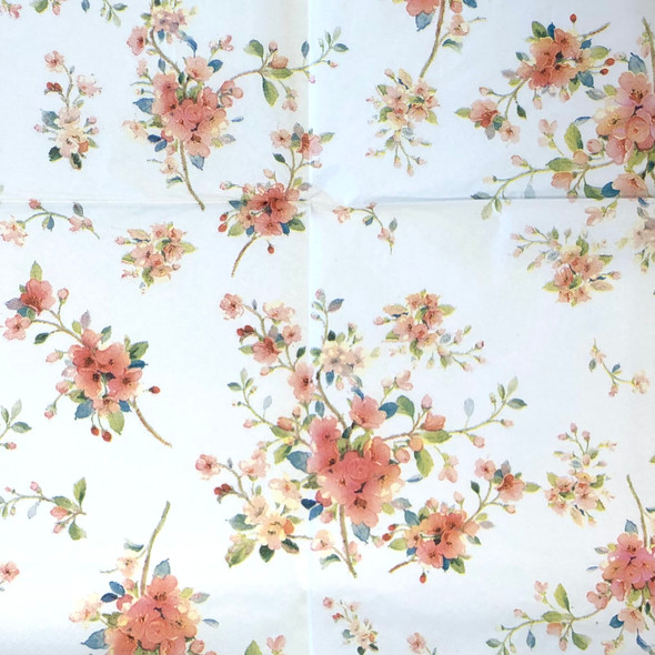 Peach Blossom White paper napkins with soft floral design, delicate flower paper napkins 33x33cm luncheon size