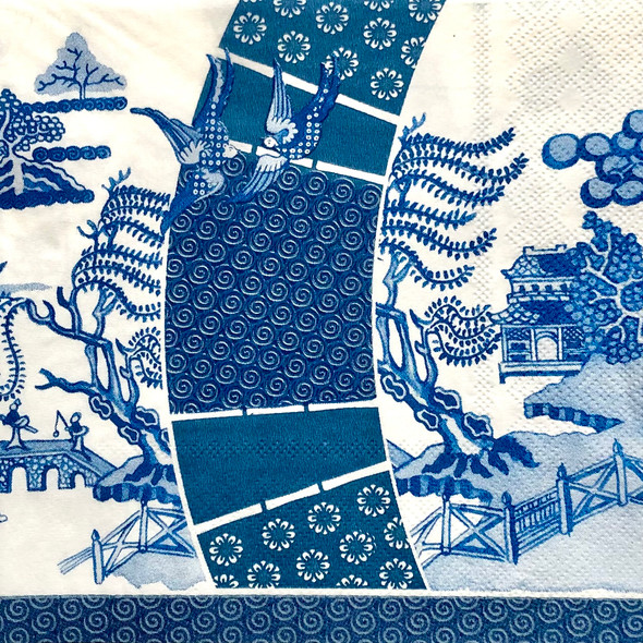 blue willow paper napkins with classic chinoiserie landscape design, blue and white paper napkins 33x33cm