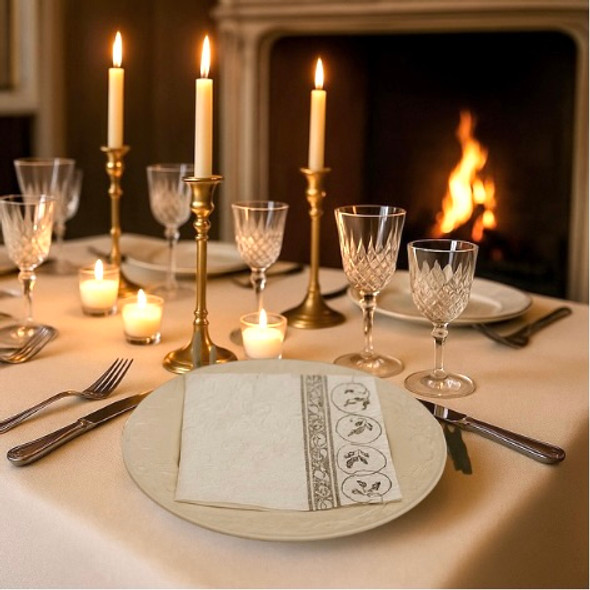 Versailles Gold Embossed paper napkins — side border design, elegant gold on white background, 20 pack, 33x33cm luncheon