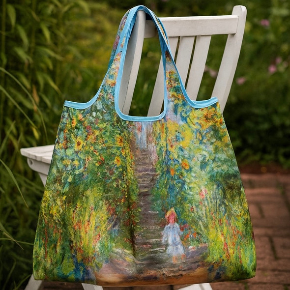Claude Monet The Artist’s Garden Foldable Shopper Bag featuring vibrant Impressionist garden print with sunflowers