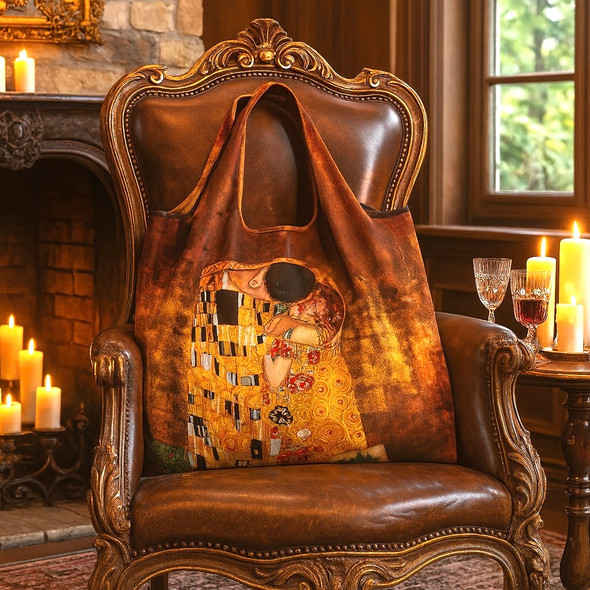 Gustav Klimt The Kiss Foldable Shopper Bag featuring golden art print of embracing couple inspired by Klimt’s masterpiece. Gustav Klimt The Kiss Foldable Shopper Bag featuring golden art print of embracing couple inspired by Klimt’s masterpiece.