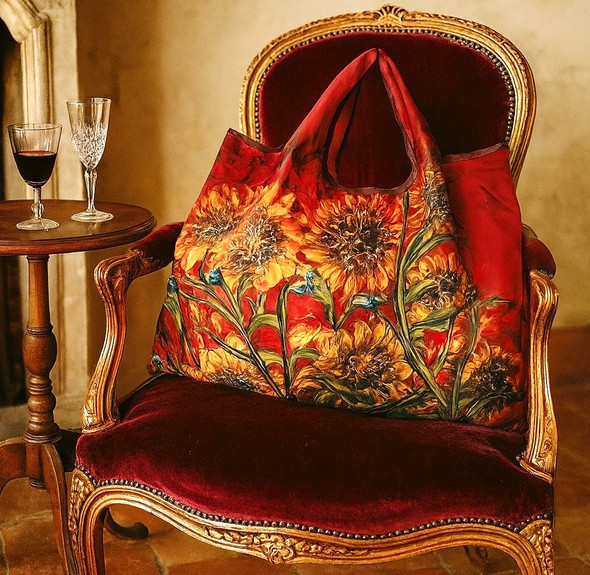 Vincent van Gogh Sunflowers on Burgundy Foldable Shopper Bag featuring golden floral art print on deep red background.