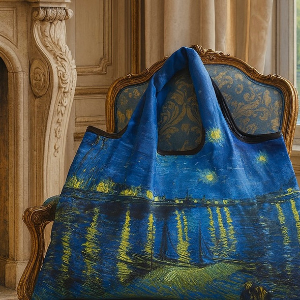 Vincent van Gogh Starry Night Over the Rhône Foldable Shopper Bag with golden reflections on deep blue river scene art print. Vincent van Gogh Starry Night Over the Rhône Foldable Shopper Bag with golden reflections on deep blue river scene art print.