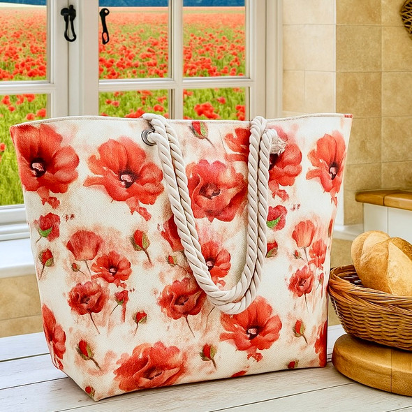 Large poppy canvas tote bag with soft rope handles, zip closure, and black lining – red poppy flower design on cream background. Large poppy canvas tote bag with soft rope handles, zip closure, and black lining – red poppy flower design on cream background.