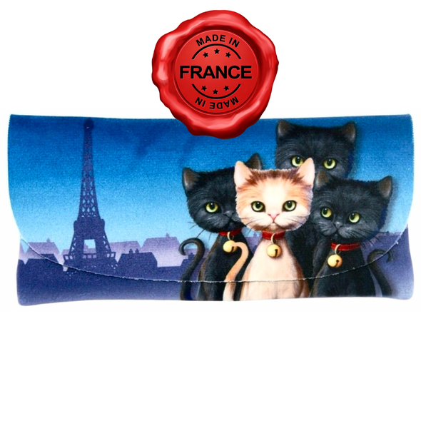 Cats in Paris soft velour glasses case made in France with illustrated cats and Paris skyline