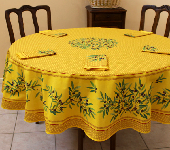 230 cm Round French Tablecloth – Stain-Resistant Coated – Nyons Yellow – Made in France