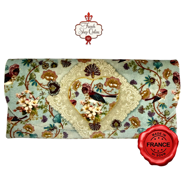 Isabelle Frioux The Winter Garden soft velour glasses case made in France with birds, floral pattern and heart motif in vintage pastel tones