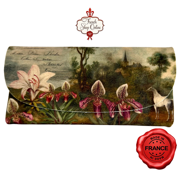 Isabelle Frioux Orchid Winter Garden soft velour glasses case made in France with pink orchids landscape and vintage art scene