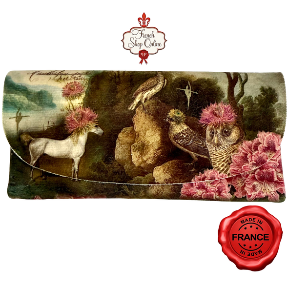 Isabelle Frioux The Living Garden soft velour glasses case made in France with birds owl flowers and surreal garden art design