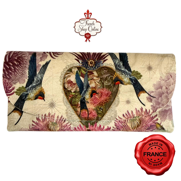 Isabelle Frioux Swallow Garden soft velour glasses case made in France with birds swallows flowers and heart design in pink tones
