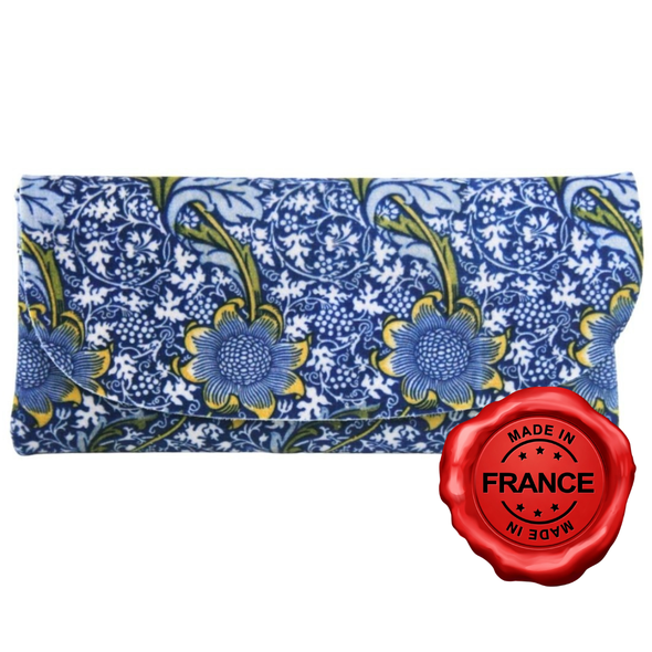 William Morris blue floral soft velour glasses case made in France with Bachelor’s Button design in navy and yellow tones