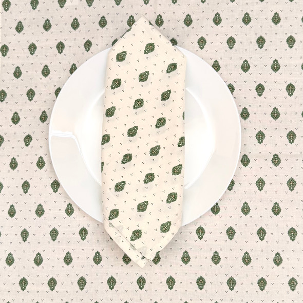 French cotton serviette napkin in Marat Bastide Green allover pattern with green Provençal motifs, made in France, 42 x 42 cm