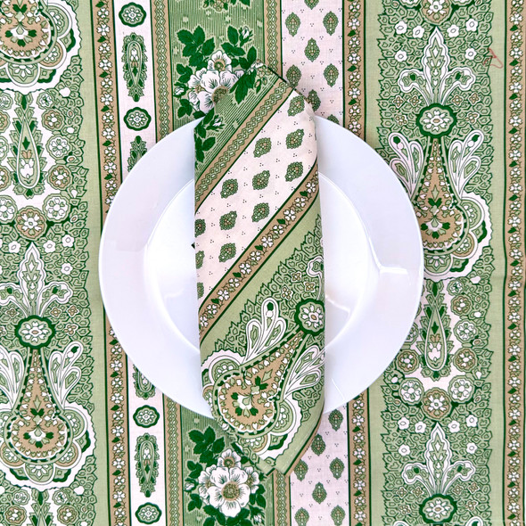 French cotton serviette napkin in Marat Bastide Green floral stripe pattern with green Provencal design, made in France, 42 x 42 cm