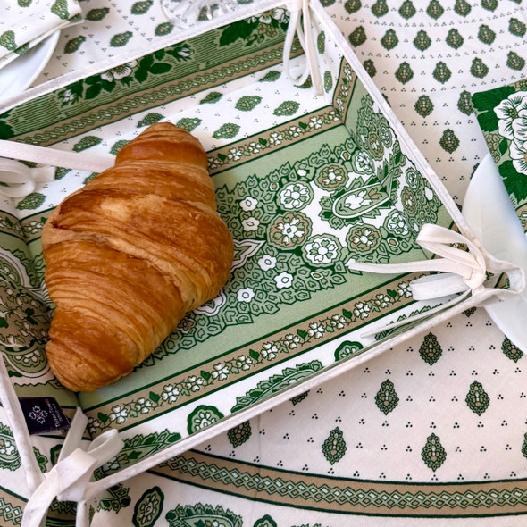 Marat Bastide Green French fabric bread basket with green Provençal floral and paisley patterns, reversible design, made in France