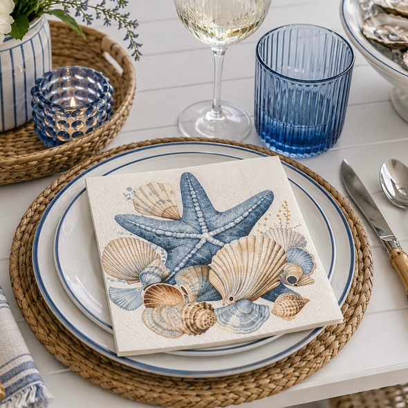 20 Paper Napkins – Coastal Seashells Starfish – 33x33cm Luncheon
