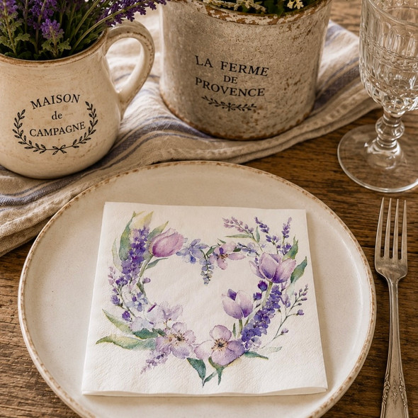 20 Paper Napkins – Lavender Heart – 33x33cm Luncheon