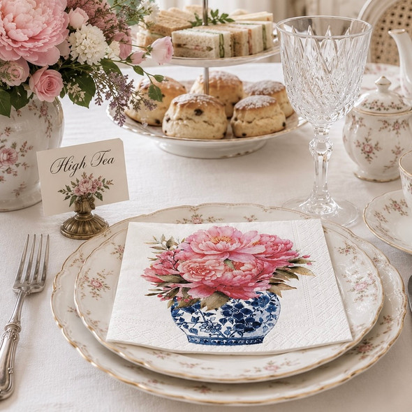 20 Paper Napkins – Peonies in Blue Vase – 33x33cm Luncheon