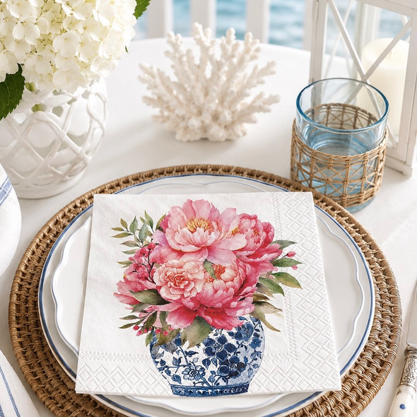 peony paper napkins blue white vase floral luncheon serviettes 33x33cm