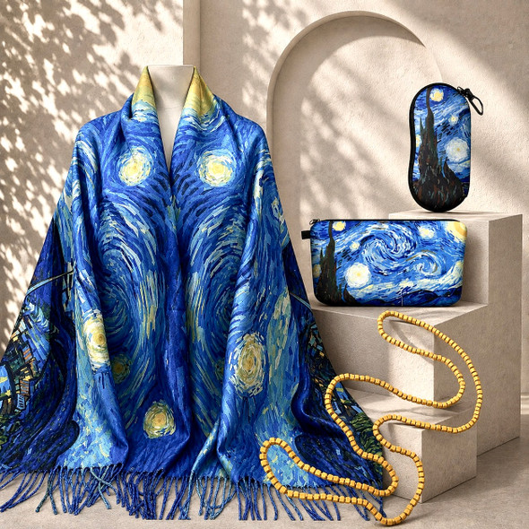Van Gogh Starry Night gift set with shawl, cosmetic bag, glasses case and wooden necklace