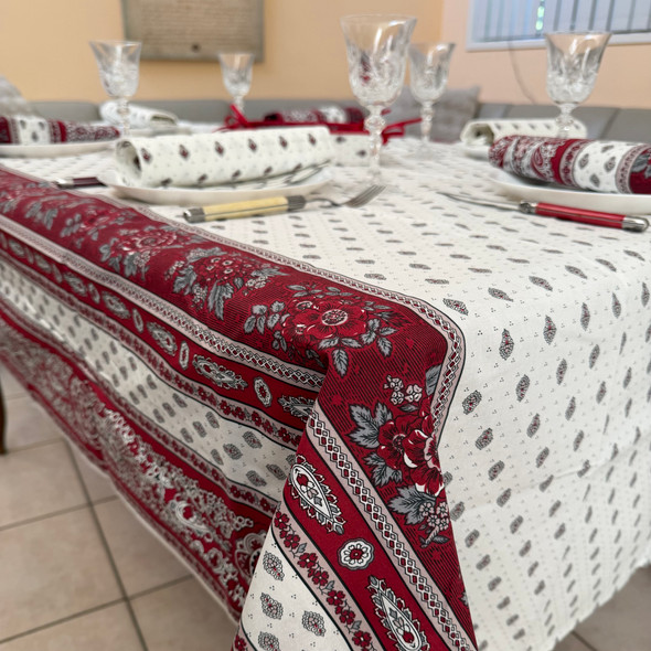 200 x 150 cm Marat Bastide Burgundy stain-resistant coated French tablecloth with burgundy floral borders, 6 seats, made in France