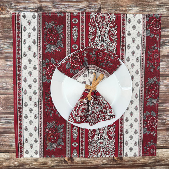 Marat Bastide Burgundy Serviette Napkin – Floral Stripe Pattern – Made in France