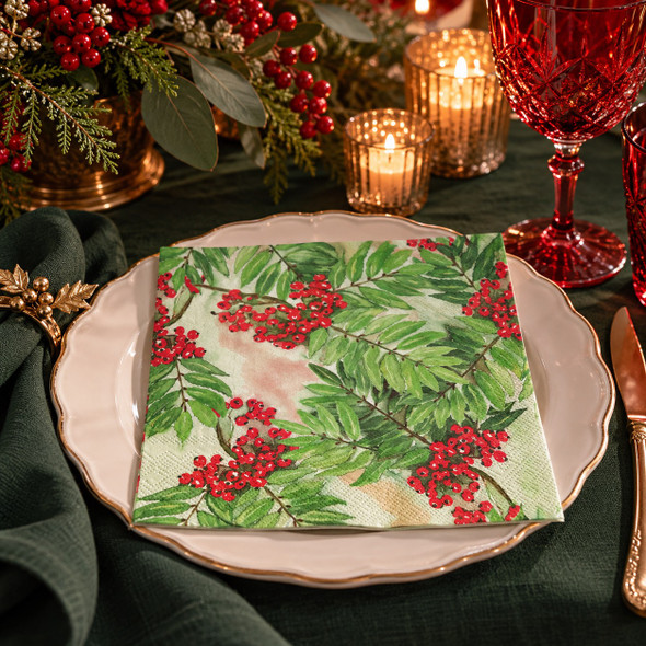 Red berry Christmas paper napkins featuring clusters of bright red berries and lush green botanical foliage, 33x33cm luncheon serviettes