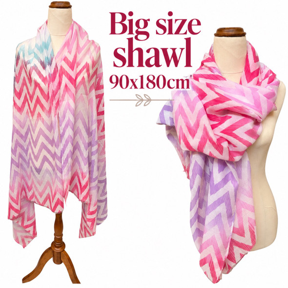 Pink and lilac zigzag shawl 90 × 180 cm shown in two different wearing styles