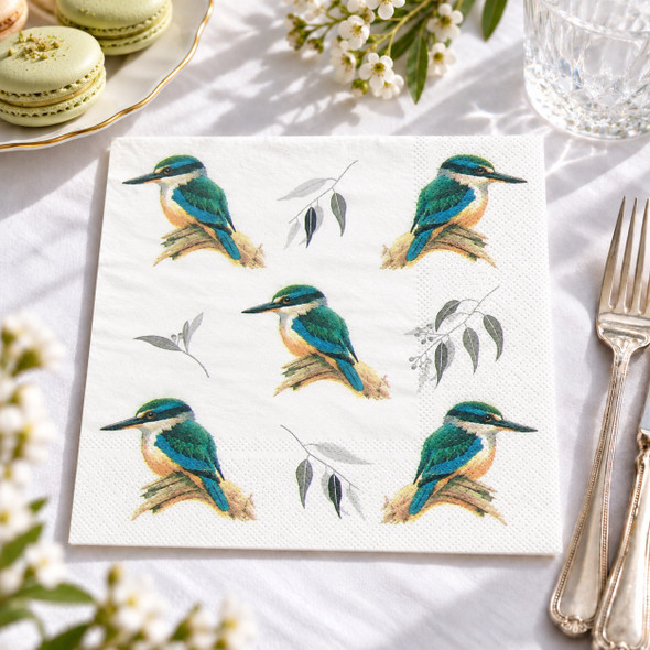 Australian Kingfisher 3-ply paper napkins featuring five colourful turquoise blue and green kingfishers perched on branches with delicate botanical details against a white background, 33x33cm