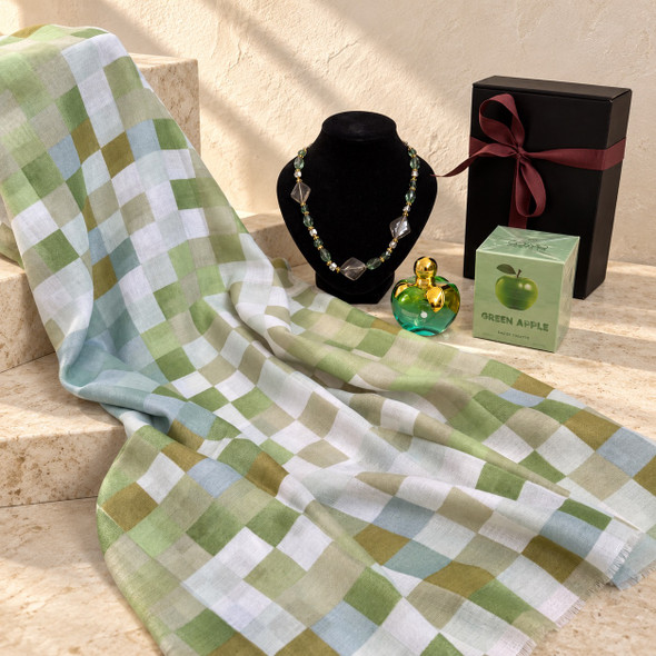 Full gift set: Green checked scarf gift set with coordinating necklace, Green Apple Eau de Toilette 100ml and black gift box with burgundy ribbon.