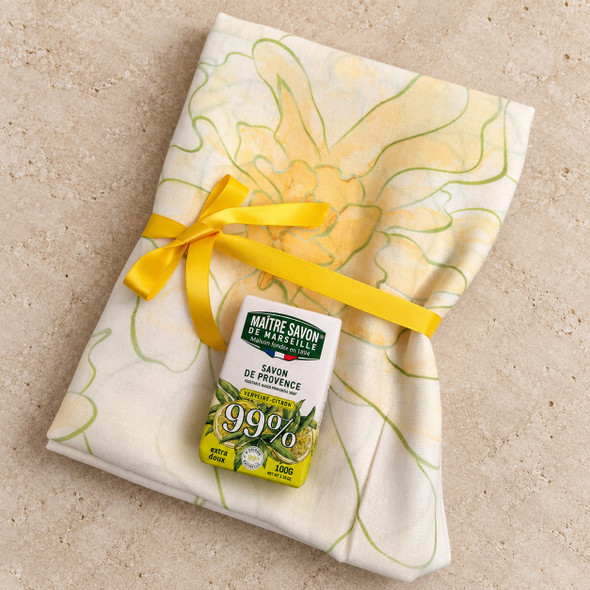Yellow floral cotton viscose shawl with French lemon verbena soap and yellow satin ribbon