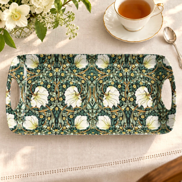 William Morris Pimpernel melamine sandwich tray, 40 × 20 cm, on ivory linen beside white flowers and a teacup