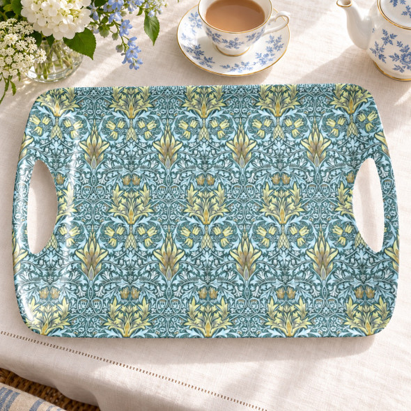 William Morris Snakeshead large melamine serving tray, 48 × 33 cm, on ivory linen beside blue floral china and hydrangeas