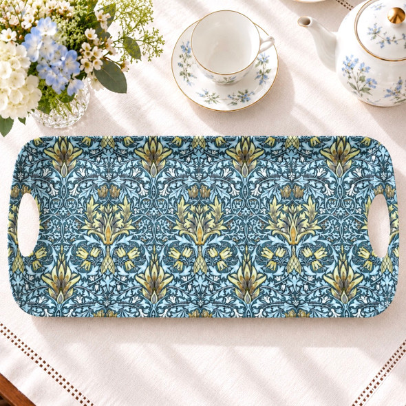 William Morris Snakeshead melamine sandwich tray, 40 × 20 cm, with pale golden flowers and blue-green foliage on a deep teal background